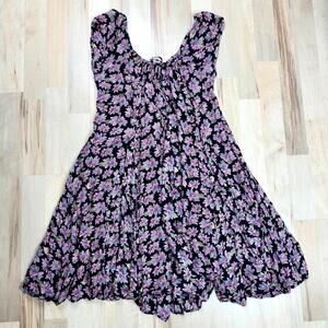 Cute Black Mini Dress with Purple Floral Print